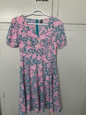 SHEIN Pink Paisley Button-Front Mini Dress on Teal